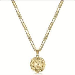 New M Initial Letter Coin Style Chain Link Necklace